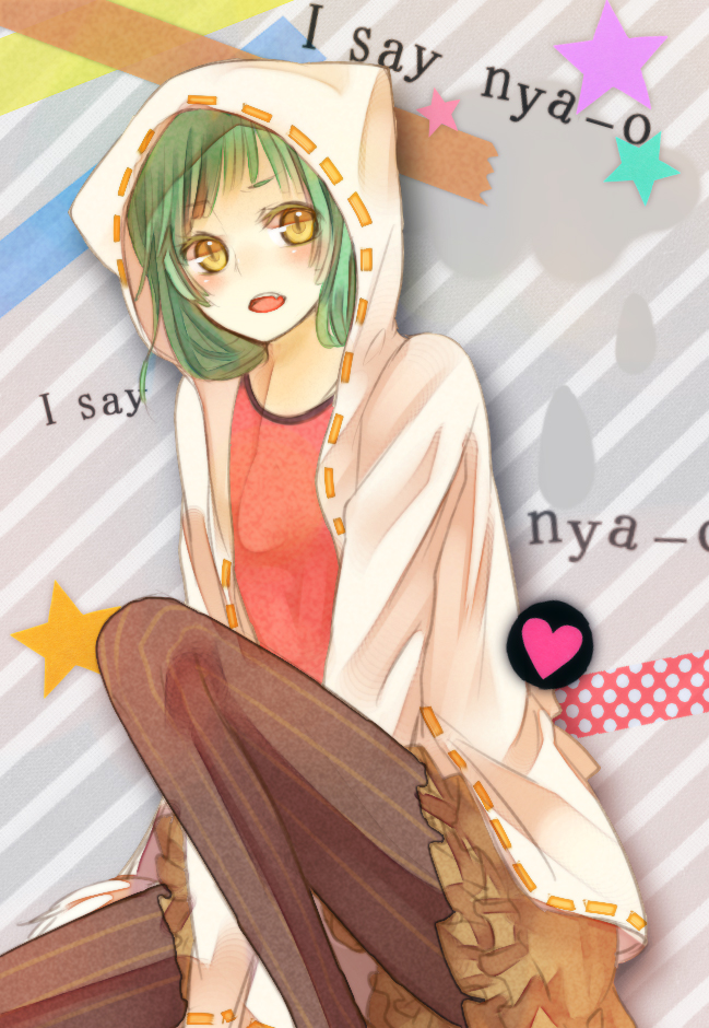 alternate_hair_length, alternate_hairstyle, brown_legwear, cat_food_(vocaloid), fang, green_hair, hatsune_miku, hoodie