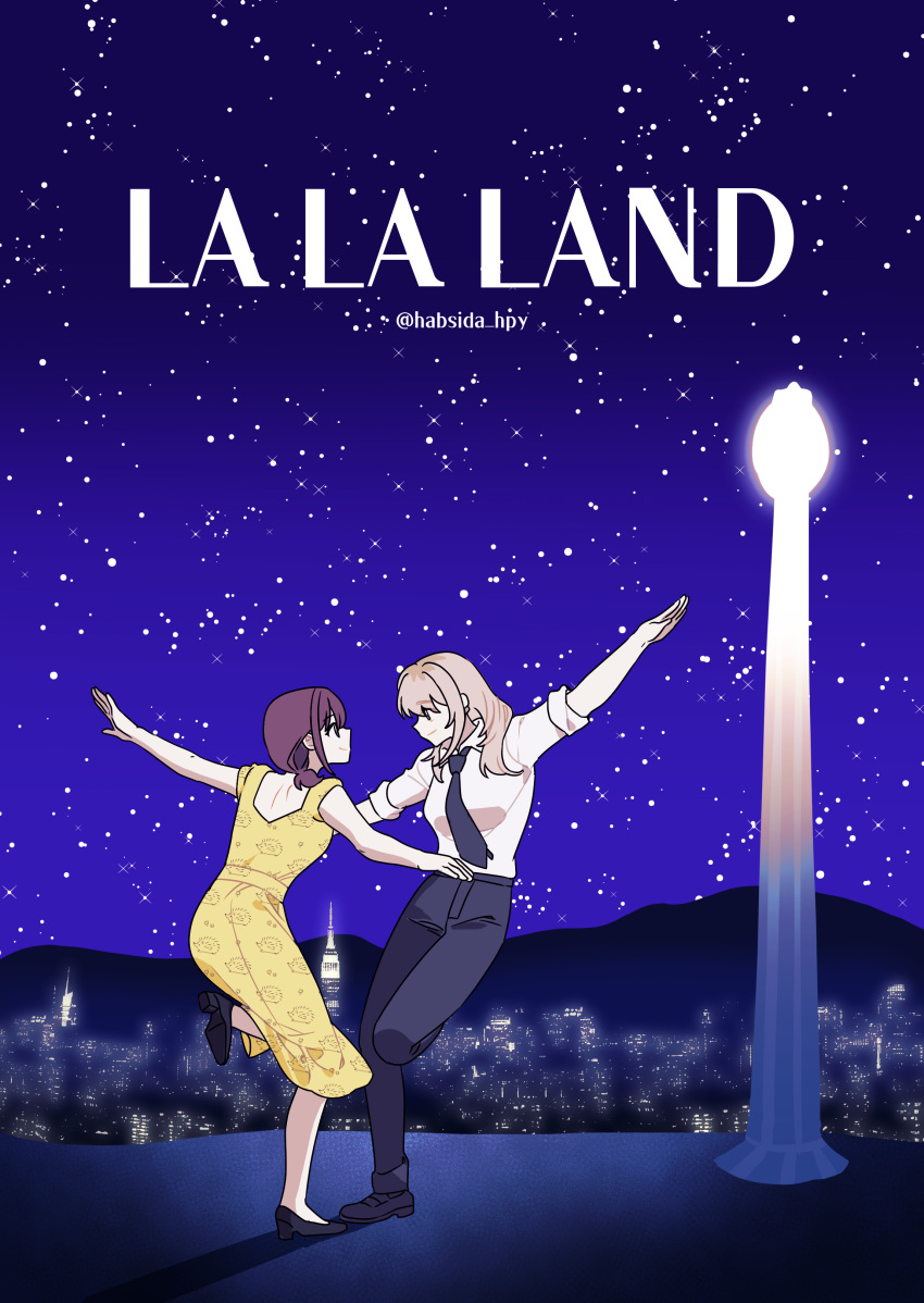 2girls, absurdres, animal_ears, black_footwear, black_necktie, black_pants, blue_eyes, brown_hair
