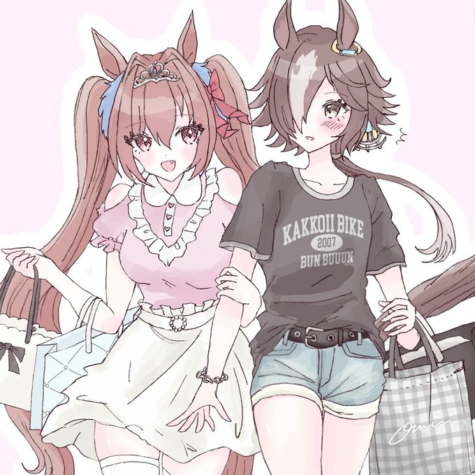 2girls, :d, ^^^, animal_ears, arm_grab, bag, belt, belt_buckle