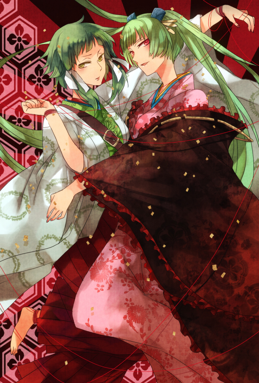 floral_print, green_eyes, green_hair, gumi, hair_ornament, hatsune_miku, hexagon, highres, hina_nige_(vocaloid), japanese_clothes, kimono, multiple_girls, nail_polish, red_eyes, red_string, shion_(kizuro), short_hair, smile, string, twintails, vocaloid