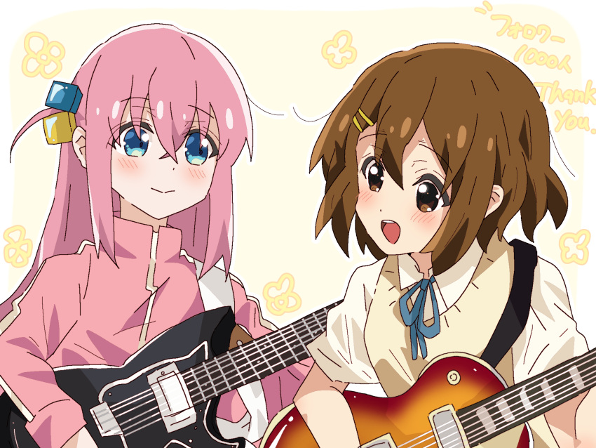2girls, :d, blue_eyes, blue_ribbon, blush, bocchi_the_rock!, brown_eyes, brown_hair