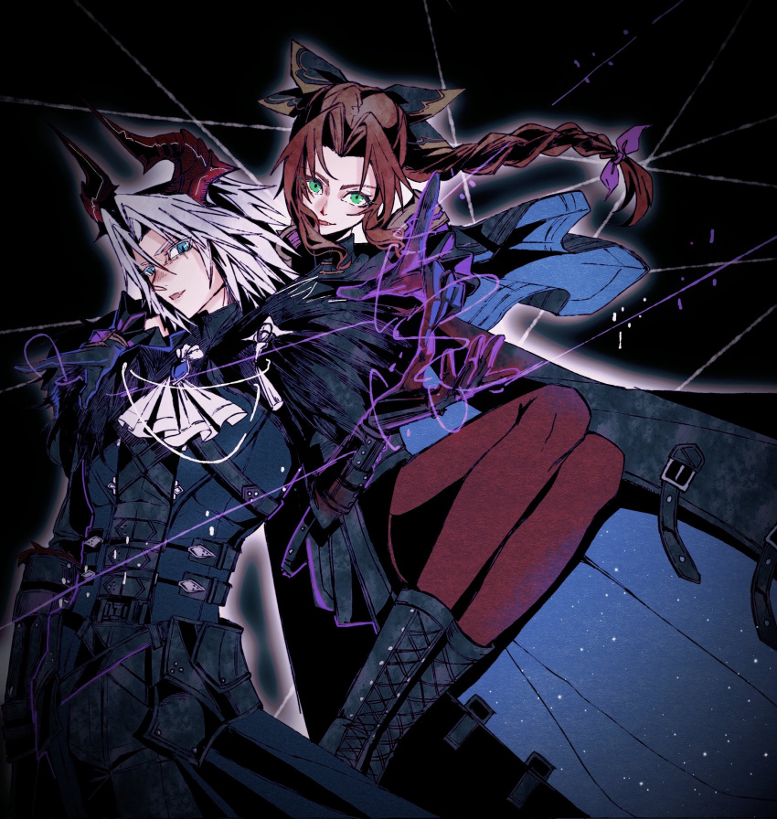 1boy, 1girl, aerith_gainsborough, aqua_eyes, ascot, black_background, black_capelet, black_feathers