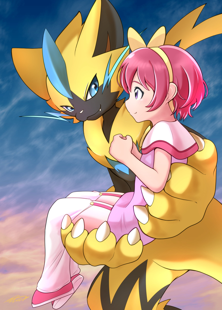 1girl, bow_hairband, capelet, carrying, closed_mouth, commentary_request, dress, garter_straps, hairband, hands_up, highres, margo_(pokemon), netiel, own_hands_together, pink_dress, pink_footwear, pink_hair, pokemon, pokemon_(anime), pokemon_(creature), pokemon_the_movie:_the_power_of_us, shoes, short_hair, smile, thigh-highs, white_capelet, white_thighhighs, yellow_hairband, zeraora