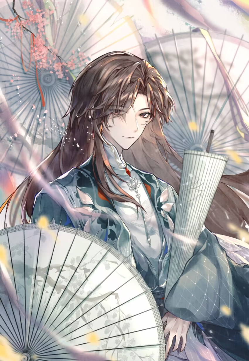 1boy, aqua_coat, branch, brown_eyes, brown_hair, cherry_blossoms, chinese_clothes, closed_mouth, closed_umbrella, coat, curtained_hair, earrings, falling_petals, flower, hanfu, highres, holding, holding_umbrella, hua_chen, hua_yi_shanxin_zhiyue, jewelry, long_hair, long_sleeves, luludeer386, male_focus, oil-paper_umbrella, parted_bangs, petals, pink_flower, robe, sidelocks, smile, solo, umbrella, white_robe, wide_sleeves