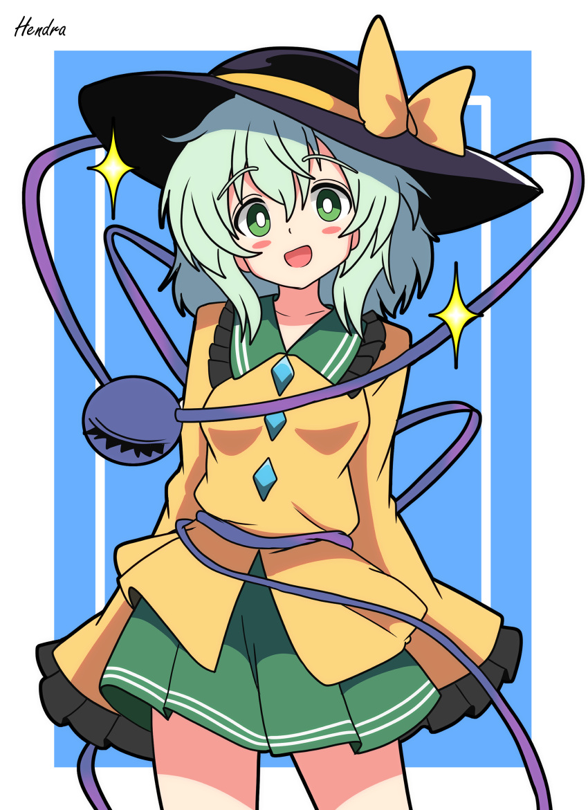 1girl, :d, absurdres, artist_name, black_hat, black_outline, blue_background, blush_stickers, border, bow, bright_pupils, buttons, commentary_request, cowboy_shot, diamond_button, frilled_shirt_collar, frilled_sleeves, frills, green_eyes, green_hair, green_skirt, hair_between_eyes, hat, hat_bow, hendra, highres, komeiji_koishi, looking_at_viewer, medium_hair, open_mouth, outline, outside_border, partial_commentary, pleated_skirt, shirt, signature, simple_background, skirt, sleeves_past_fingers, sleeves_past_wrists, smile, solo, sparkle, split_mouth, standing, third_eye, touhou, white_border, white_pupils, yellow_bow, yellow_shirt