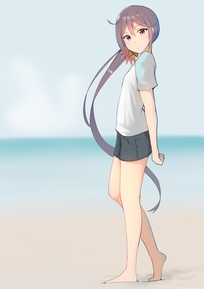 1girl, akebono_(kancolle), beach, bell, blue_shirt, blue_shorts, blurry, blurry_background