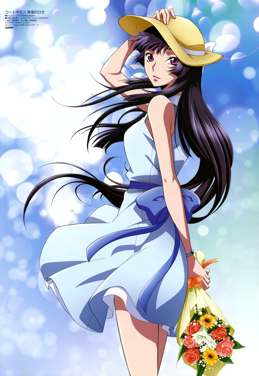1girl, absurdres, animedia, back_bow, bare_arms, black_hair, blue_background, blue_bow