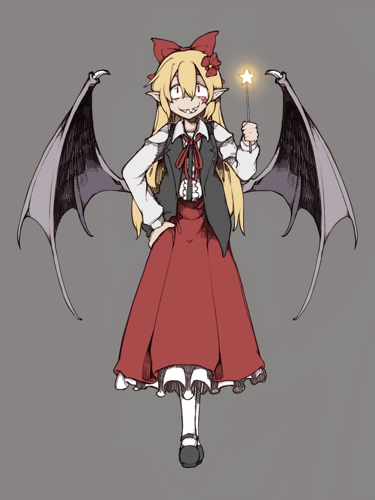 1girl, black_footwear, black_vest, blonde_hair, bolos, bow, center_frills, collared_shirt, collared_vest, commentary, demon_wings, elis_(touhou), evil_grin, evil_smile, facial_tattoo, flower, frilled_skirt, frills, full_body, glowing, grey_background, grin, hair_between_eyes, hair_bow, hair_flower, hair_ornament, hand_on_own_hip, holding, holding_wand, lapels, long_hair, long_skirt, long_sleeves, mary_janes, neck_ribbon, notched_lapels, open_clothes, open_vest, pantyhose, pink_eyes, pleated_skirt, pointy_ears, purple_wings, red_bow, red_flower, red_ribbon, red_skirt, ribbon, sharp_teeth, shirt, shoes, simple_background, skirt, smile, solo, standing, star_tattoo, star_wand, straight-on, straight_hair, tachi-e, tattoo, teeth, touhou, touhou_(pc-98), very_long_hair, vest, wand, white_pantyhose, white_shirt, wide-eyed, wings