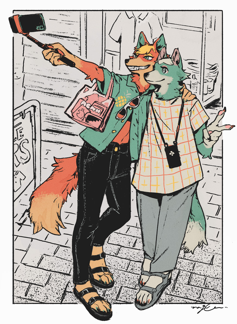 2girls, animal_crossing, aqua_eyes, aqua_nails, arm_around_shoulder, arm_up, audie_(animal_crossing), bag