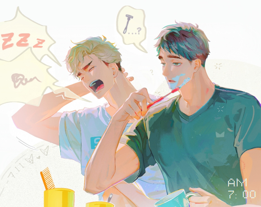 2boys, ?, black_hair, black_shirt, blonde_hair, closed_eyes, cup, haikyuu!!, holding, holding_cup, male_focus, miya_atsumu, miya_osamu, mug, multiple_boys, open_mouth, pmzing, razor, shaving, shirt, short_hair, short_sleeves, simple_background, spoken_object, spoken_zzz, t-shirt, teeth, undercut, white_background, white_shirt, yawning, zzz