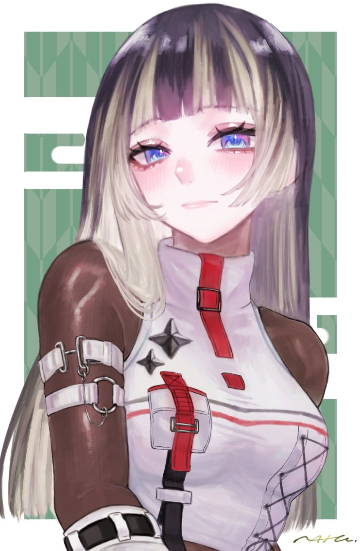 1girl, arm_belt, black_bodysuit, black_hair, blue_eyes, bodysuit, commentary, eyelashes, hashtag-only_commentary, hololive, hololive_dev_is, juufuutei_raden, long_hair, looking_at_viewer, multicolored_hair, nananatu_1218, signature, solo, streaked_hair, tank_top, two-tone_hair, upper_body, virtual_youtuber, white_hair, white_tank_top