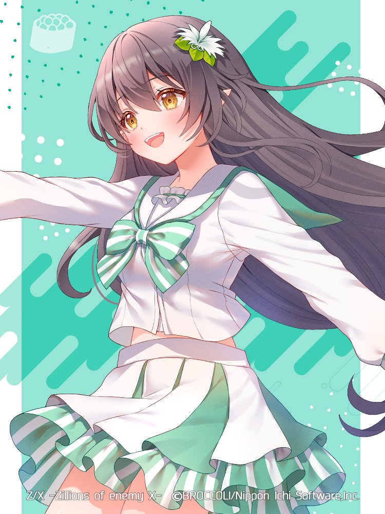 1girl, :d, bow, bowtie, breasts, brown_hair, commentary_request, cowboy_shot, frills, green_background, green_skirt, hair_between_eyes, hair_ornament, hair_ornament_request, layered_skirt, long_hair, long_sleeves, medium_bangs, medium_breasts, midriff, miniskirt, pecteilis, pleated_skirt, serino_itsuki, shirt, skirt, smile, solo, striped_bow, striped_clothes, striped_skirt, teeth, upper_teeth_only, vertical-striped_clothes, vertical-striped_skirt, white_shirt, white_skirt, yellow_eyes, z/x