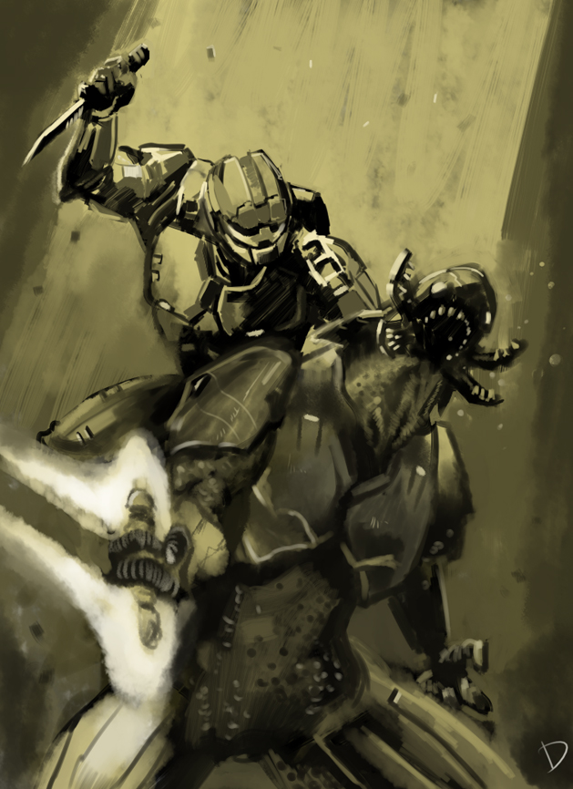 assassination, dandy, energy_sword, halo_(game), helmet, kill, knife, master_chief, monochrome, power_suit, sangheili, sword, weapon