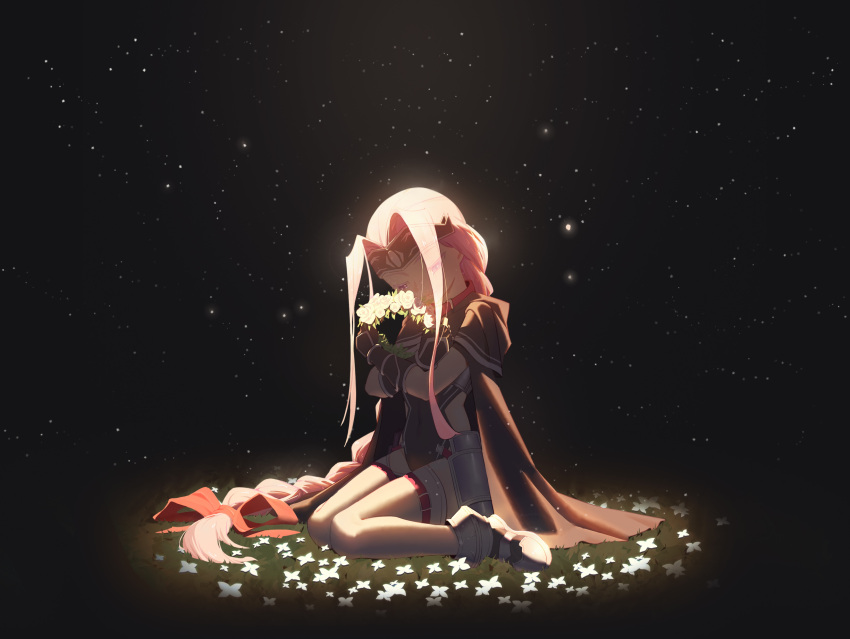 absurdres, bouquet, braid, cape, chaomian, closed_eyes, fate/grand_order, fate_(series), floral_background, flower, highres, leotard, medusa_(fate), medusa_(lancer)_(fate), purple_hair, single_braid, sitting, starry_background, thigh-highs, wariza
