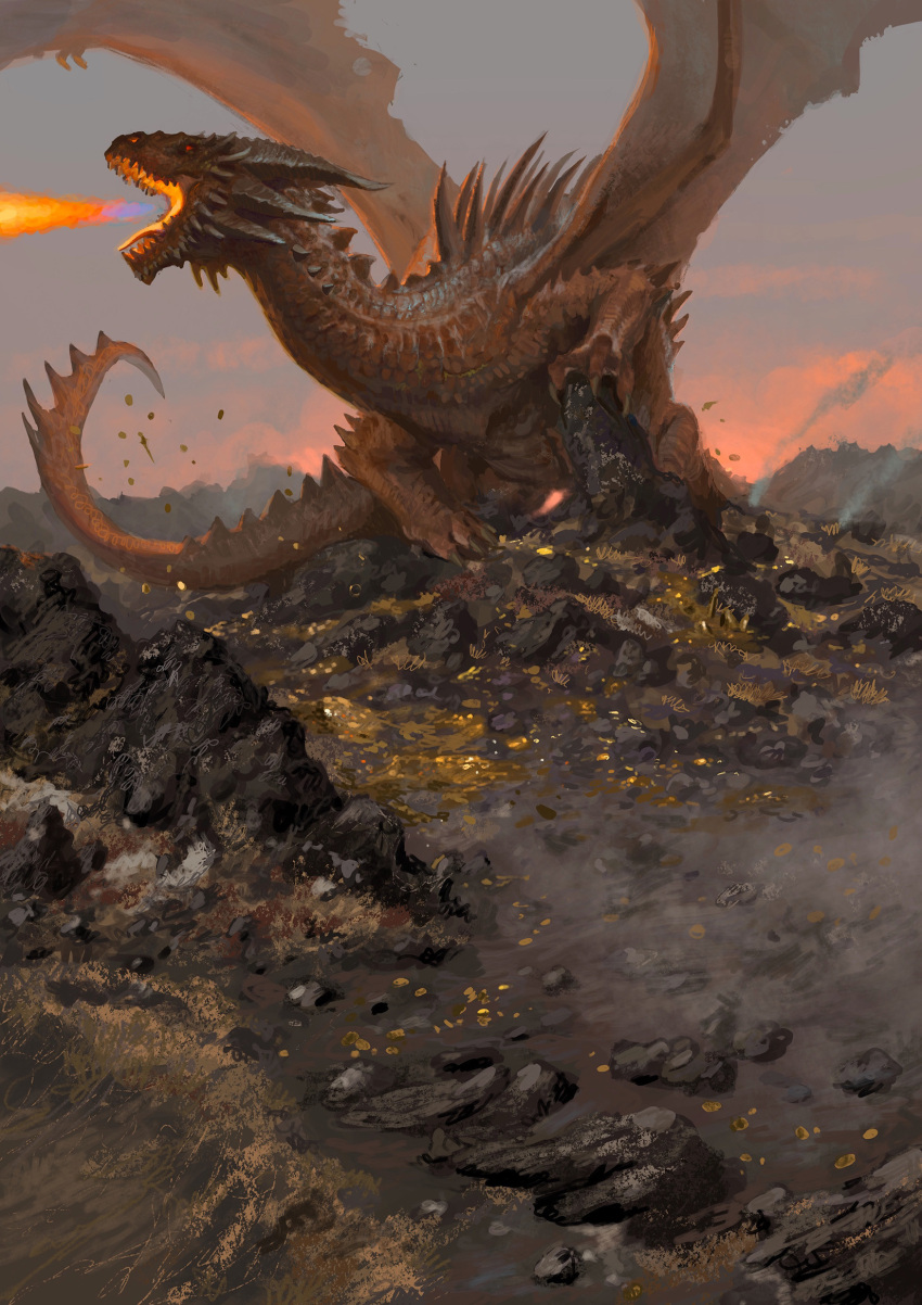 andrea_piparo, animal_focus, breath_weapon, breathing_fire, clouds, dragon, fantasy, fire