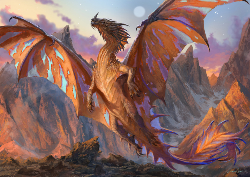 andrea_piparo, animal_focus, blue_sky, claws, clouds, commentary, dragon, english_commentary, fantasy, full_body, full_moon, giant, giant_monster, highres, monster, moon, moon_in_daylight, mountain, no_humans, original, outdoors, painterly, realistic, rock, scenery, sharp_teeth, signature, sky, solo, spread_wings, tail, teeth, western_dragon, wings