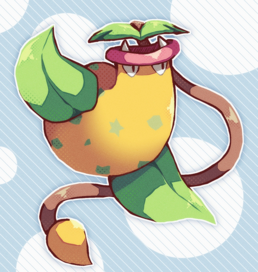 commentary_request, fangs, full_body, grey_background, highres, leaf, looking_to_the_side, missou_shiro