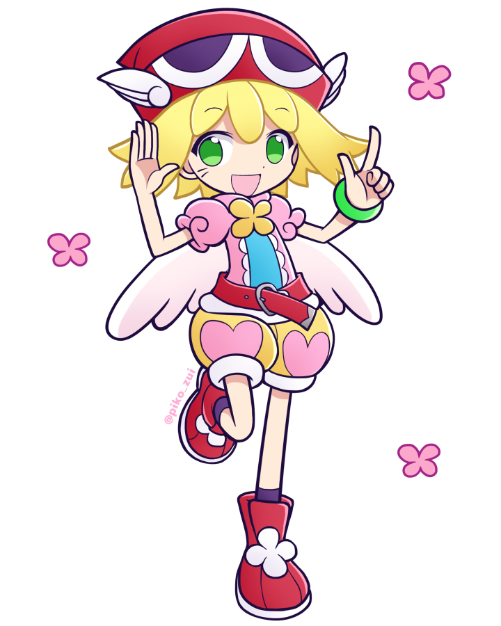 1girl, :d, amitie_(puyopuyo), ankle_socks, artist_name, belt, black_socks, blonde_hair