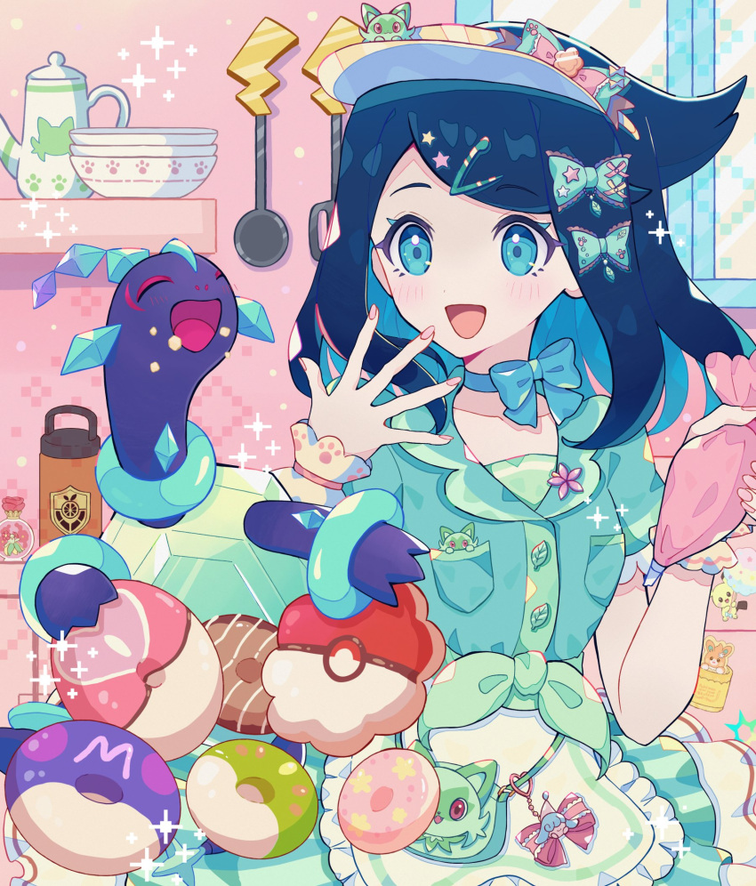1girl, apron, black_hair, candy, closed_eyes, food, frills, hair_ornament