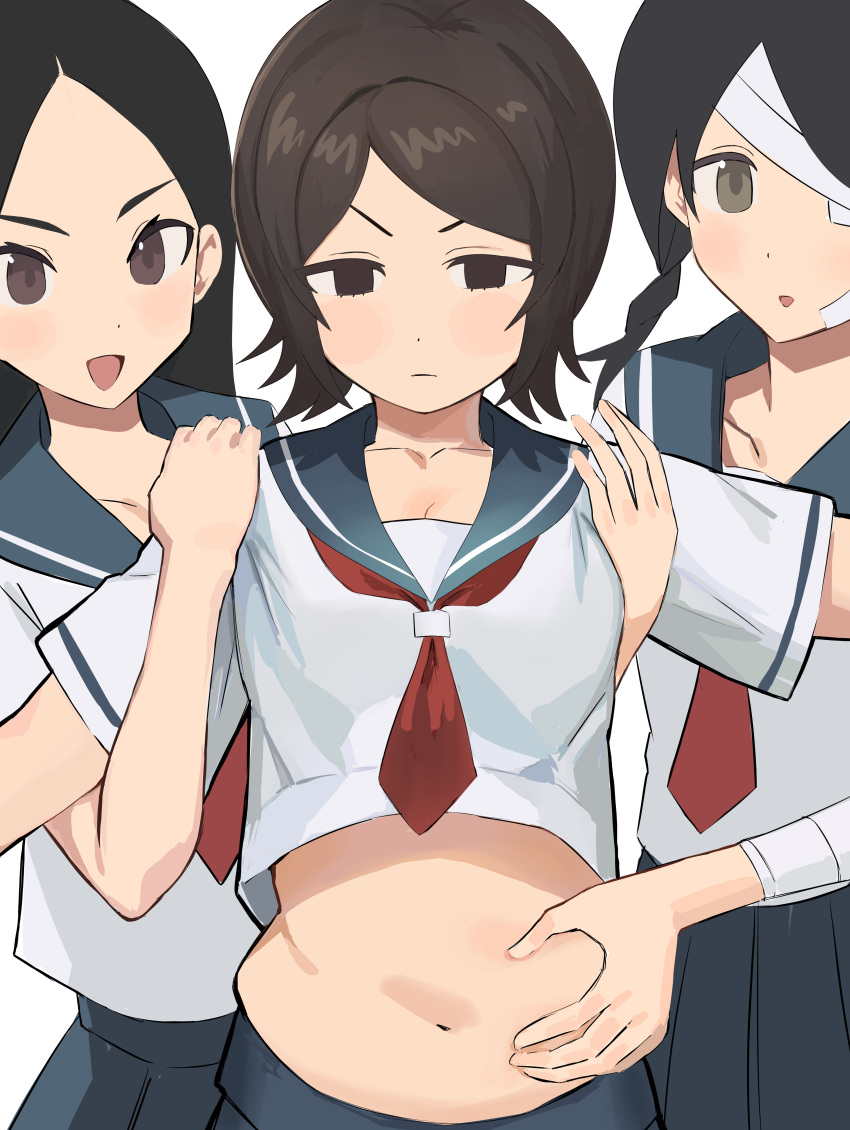 3girls, absurdres, bandaged_head, bandages, bfmelu, black_hair, blue_skirt, clothes_lift