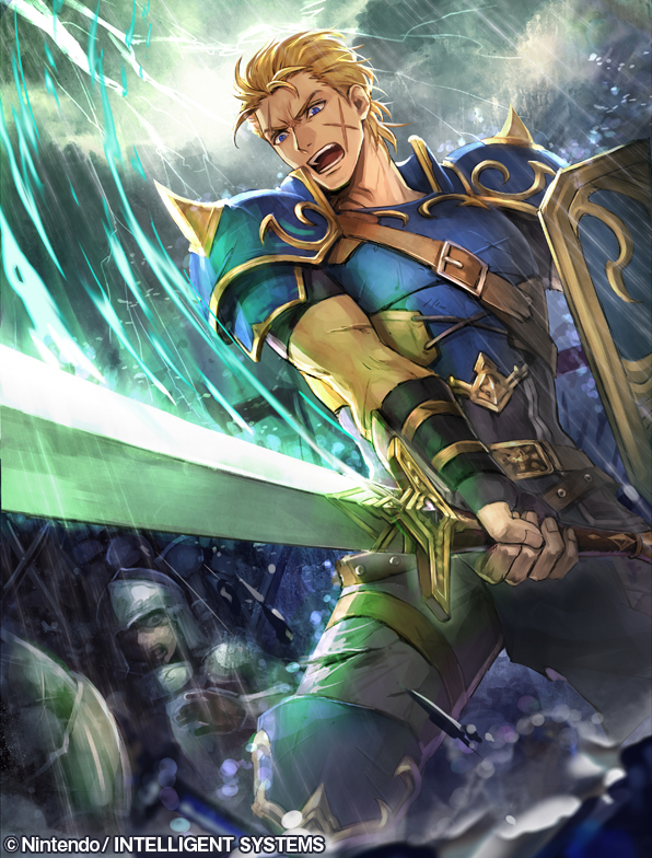 1boy, armor, battle, blonde_hair, blue_armor, blue_eyes, chest_belt, company_name