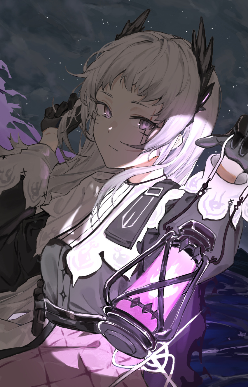 1girl, arknights, black_shirt, fire, gloves, glowing, grey_hair, head_wings, highres, holding, holding_lantern, irene_(arknights), lantern, long_hair, long_sleeves, looking_at_viewer, night, night_sky, ocean, outdoors, purple_fire, purple_light, qwq22565156, scar, scar_across_eye, scar_on_face, shirt, sky, solo, upper_body, violet_eyes, white_hair, wings