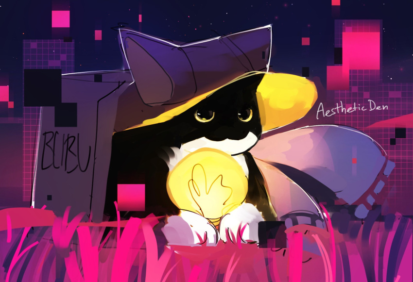 abstract_background, aestheticden, animal_hat, artist_name, box, brown_hat, cardboard_box, cat, cat_hat, commentary, cosplay, hat, highres, holding, in_box, in_container, light_bulb, niko_(oneshot), niko_(oneshot)_(cosplay), no_humans, on_grass, oneshot_(game), real_life, scarf, tuxedo_cat, uni_(cat)