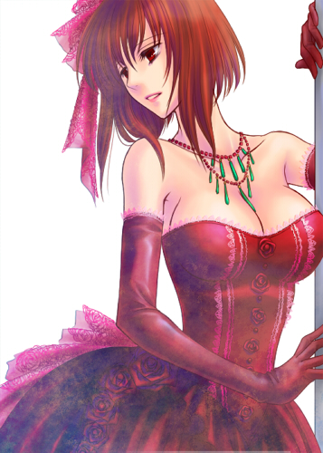 1girl, bare_shoulders, bow, breasts, cleavage, dress, elbow_gloves, fire_emblem