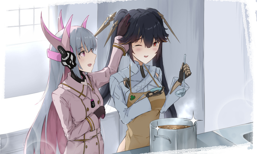 2girls, aikawa_yumi, apron, black_gloves, black_hair, brown_apron, colored_inner_hair, cooking