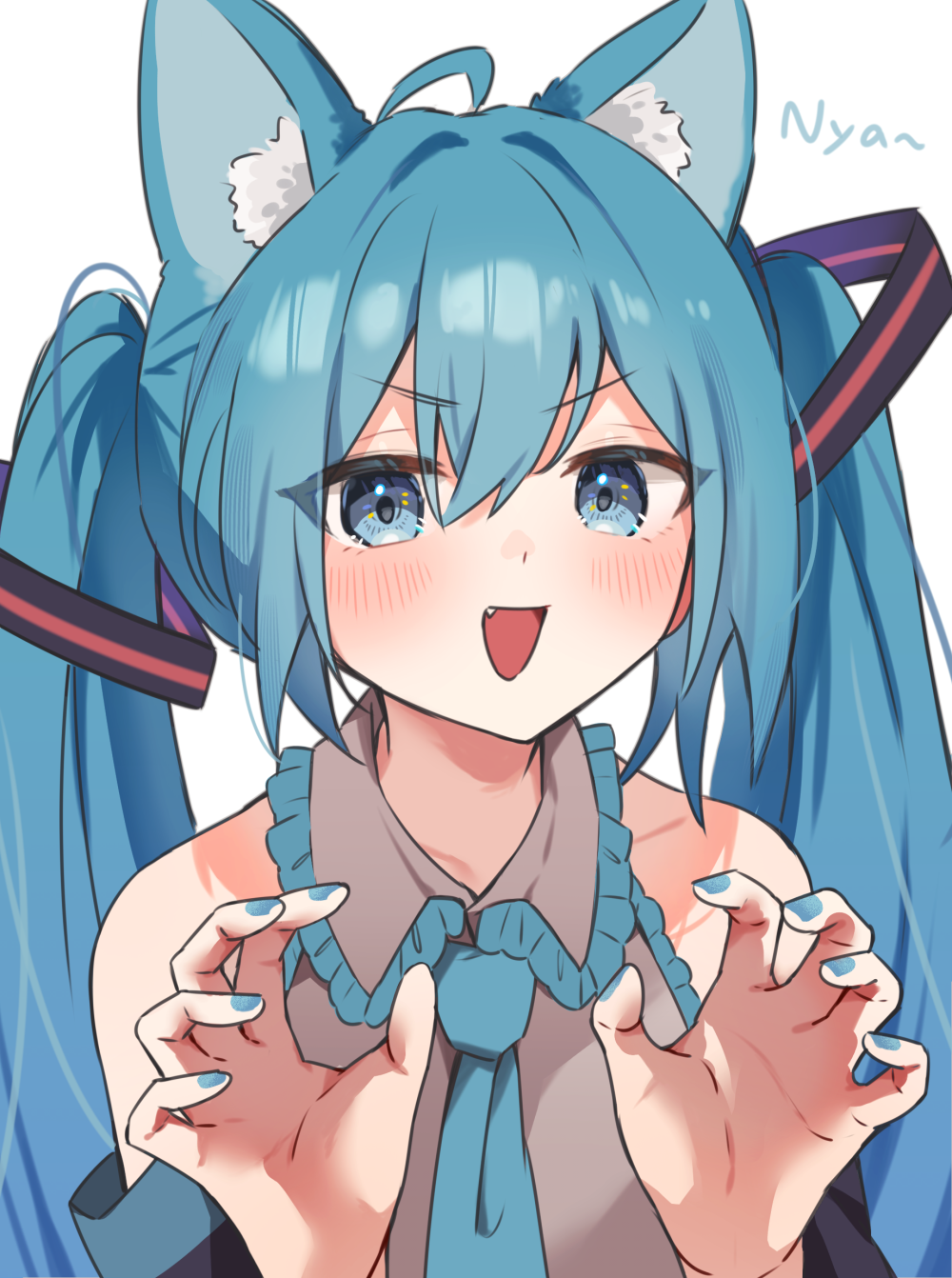 1girl, ahoge, animal_ear_fluff, animal_ears, aqua_nails, aqua_necktie, bare_shoulders, blue_eyes