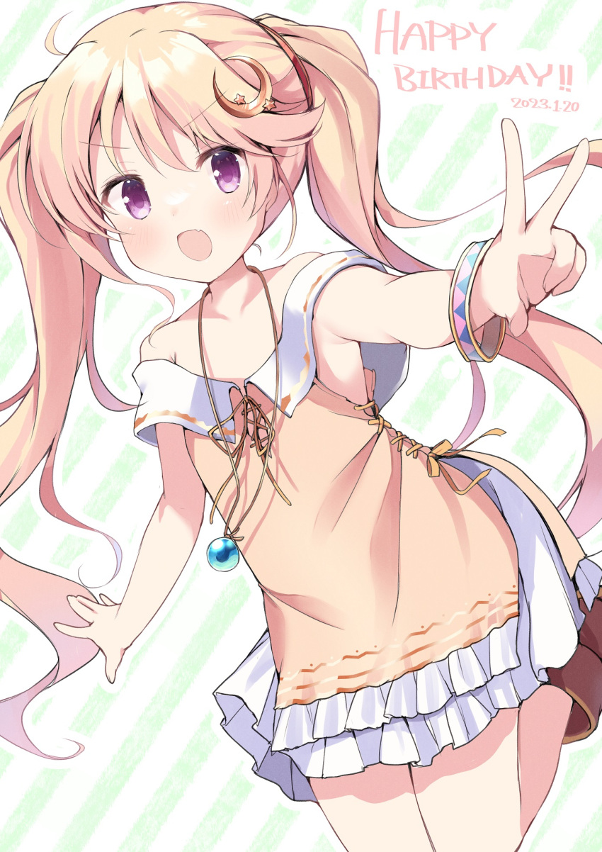 1girl, 2023, :d, \||/, bare_shoulders, blonde_hair, blush, bracelet