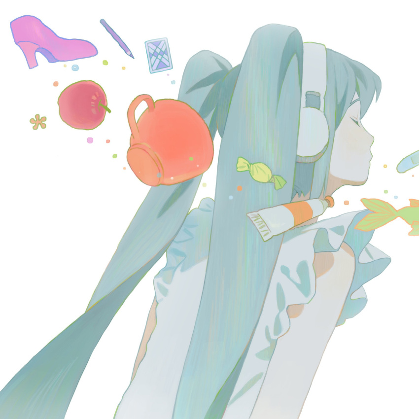 1girl, apple, aqua_hair, bandaid, bare_arms, bare_shoulders, blouse, candy