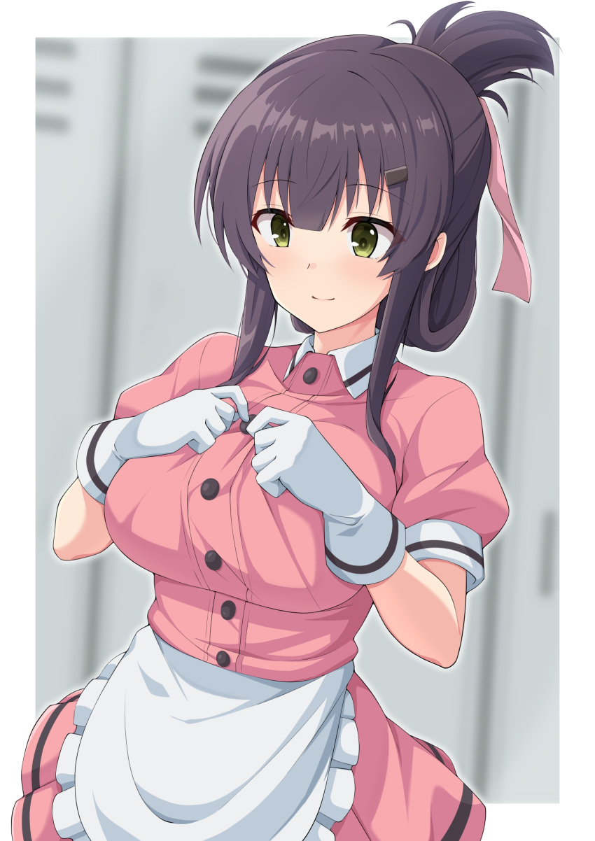 1girl, alternate_costume, apron, blend_s, blush, breasts, collared_dress, commentary_request