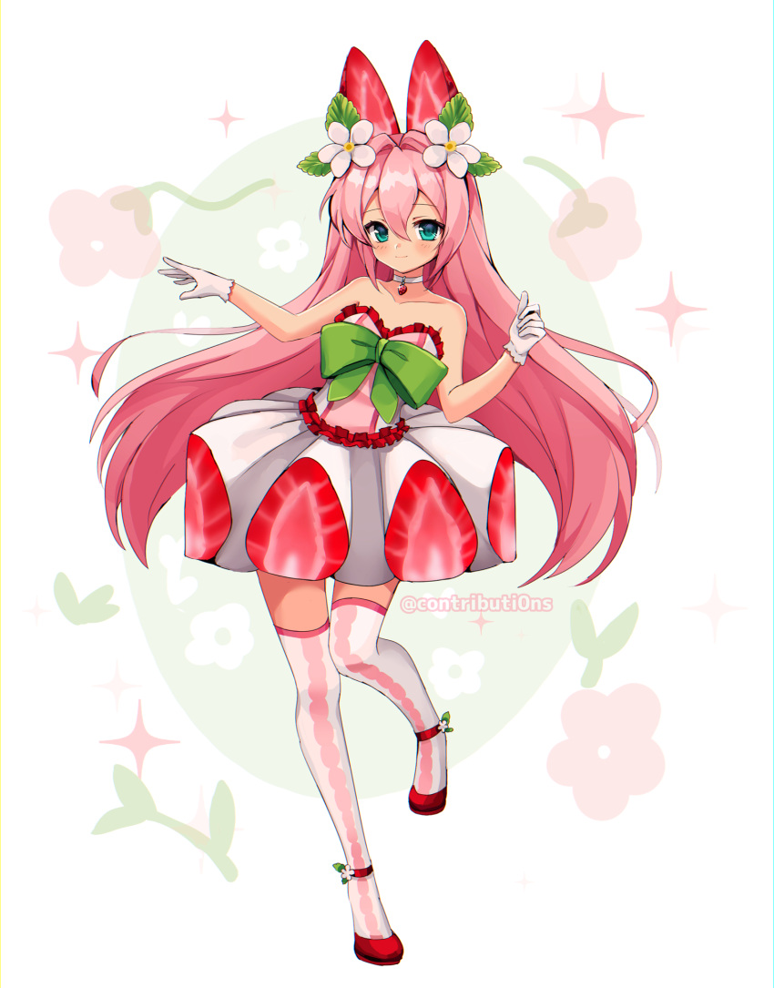 1girl, 2000s_(style), animal_ears, aqua_eyes, blush, bow, choker, commentary, contributi0ns, english_commentary, flower, food, food_as_ears, formal, frilled_skirt, frills, fruit, full_body, gloves, green_bow, hair_flower, hair_ornament, highres, leaf, long_hair, looking_at_viewer, original, pink_hair, red_footwear, shoes, skirt, smile, sparkle, standing, standing_on_one_leg, strapless, strawberry, strawberry_slice, thigh-highs, tube_top, tumblr_username, tutu, very_long_hair, watermark, white_gloves, white_skirt, zettai_ryouiki