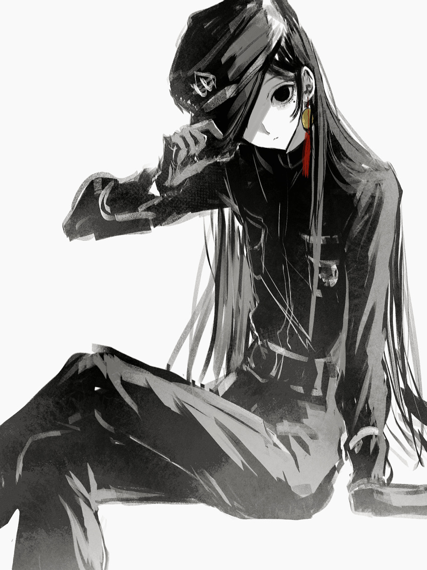 1boy, black_eyes, black_gloves, black_hair, black_hat, black_pants, black_shirt, chinese_commentary
