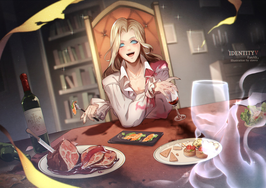 1boy, :d, alcohol, blonde_hair, blue_eyes, bookshelf, bottle, bread, bread_slice, candle, chair, chandelier, cheese, cherry_tomato, collared_shirt, copyright_name, crossed_arms, dutch_angle, flying_paper, food, fork, frilled_shirt, frilled_sleeves, frills, highres, holding, holding_fork, identity_v, joseph_desaulniers, joseph_desaulniers_(hangover), knife, light_blush, long_hair, long_sleeves, looking_at_viewer, male_focus, meat, official_alternate_costume, open_collar, paper, parted_bangs, petals, plate, pov, pov_hands, red_wine, salad, salmon, shirt, smile, solid_eyes, solo, sparkle, spirit, stained_clothes, steak, table, toast, tomato, upper_body, white_shirt, wine, wine_bottle, zizero