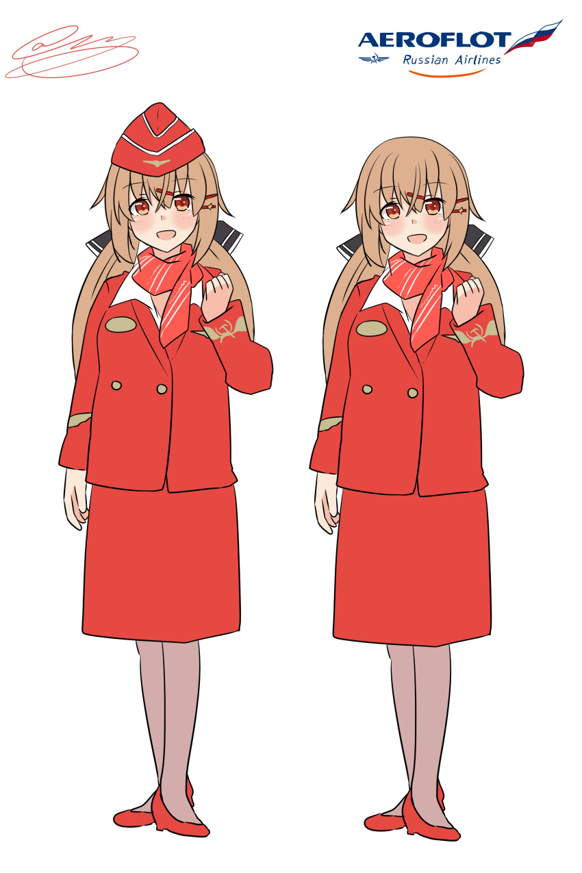 1girl, absurdres, aeroflot, alternate_costume, brown_hair, brown_pantyhose, employee_uniform, flight_attendant
