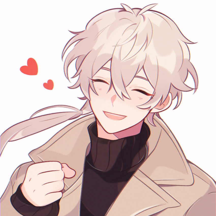 1boy, arm_up, black_shirt, blush, brown_coat, clenched_hand, closed_eyes, coat
