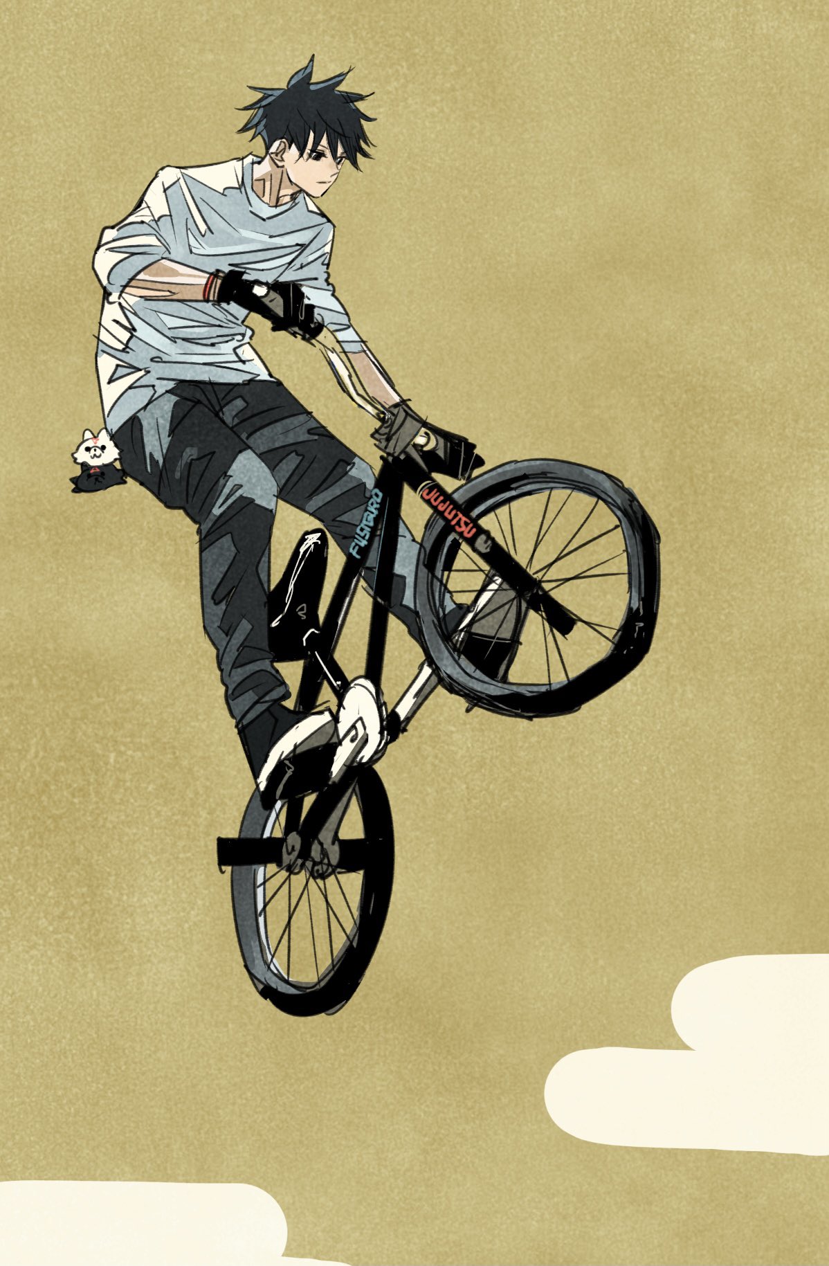 1boy, bicycle, black_gloves, black_hair, bmx, closed_mouth, clouds, commentary_request