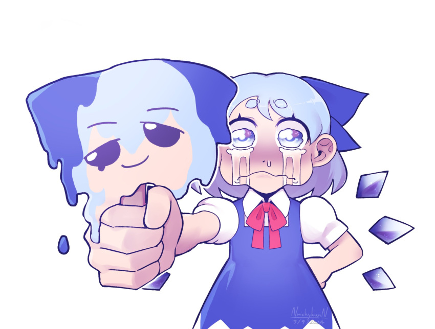 1girl, blue_bow, blue_dress, blue_eyes, blue_hair, bow, bowtie, character-themed_food