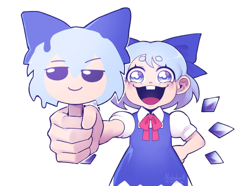 1girl, blue_bow, blue_dress, blue_eyes, blue_hair, bow, bowtie, buck_teeth