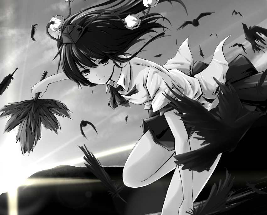 bad_id, bird, crow, fan, feathers, flying, hat, highres
