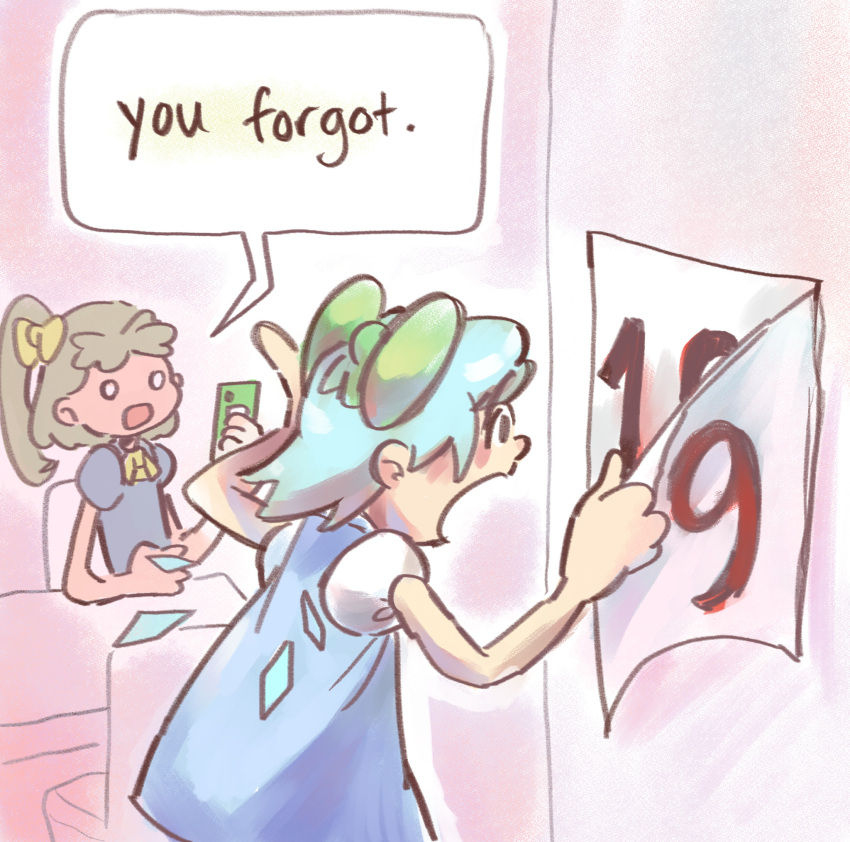 2girls, blue_dress, blue_hair, bow, bowtie, calendar_(object), cirno, cirno_day, commentary, cowboy_shot, daiyousei, dress, english_commentary, english_text, green_hair, highres, holding, holding_phone, ice, ice_wings, living_in_1984_(meme), meme, molly_yancey, multiple_girls, open_mouth, phone, puffy_short_sleeves, puffy_sleeves, short_hair, short_sleeves, side_ponytail, surprised, touhou, wings, yellow_bow, yellow_bowtie