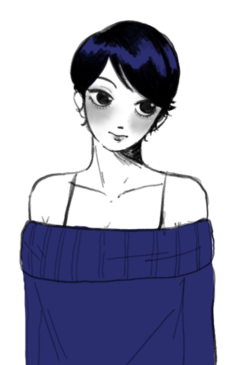 1girl, aged_up, alternate_hair_length, alternate_hairstyle, bare_shoulders, black_hair, blue_sky, bra_strap