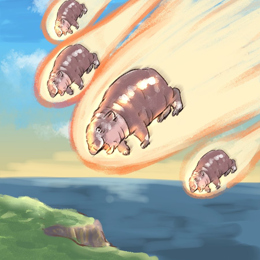 animal, animal_focus, blue_sky, clouds, comet, falling, grass, hippopotamus
