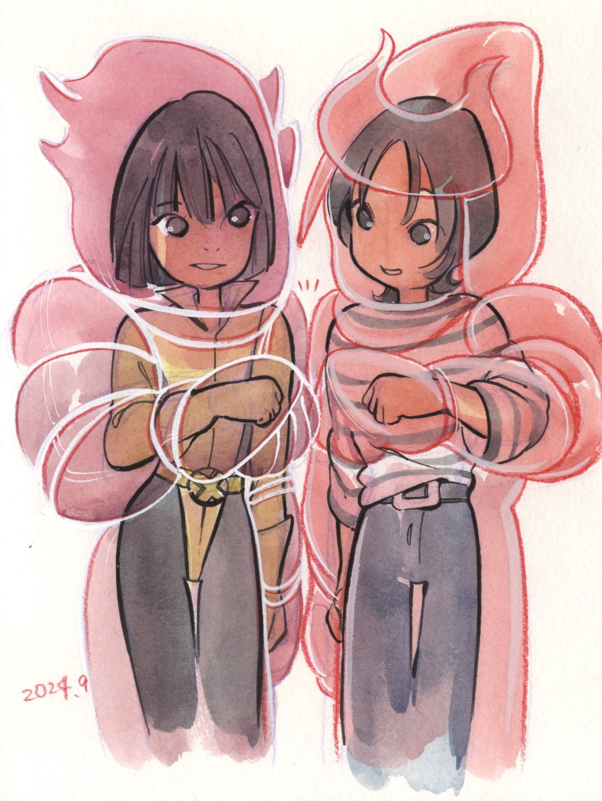 2girls, belt, belt_buckle, black_belt, black_eyes, black_hair, buckle, commentary_request, dated, gloves, hair_between_eyes, highres, ichiki_hisako, ichiki_hisako_(ultimate_x-men_2024), long_sleeves, marvel, multiple_girls, official_art, pants, peach_momoko, simple_background, striped_clothes, ultimate_x-men_(2024), white_background, x-men