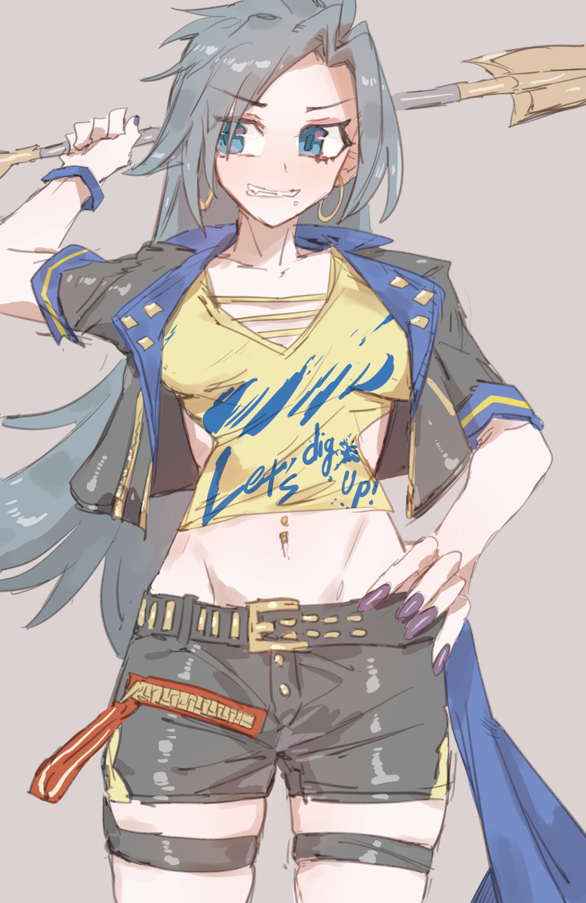 absurdres, air_shakur_(umamusume), air_shakur_(umamusume)_(cosplay), belt, cosplay, crop_top, earrings, grey_hair