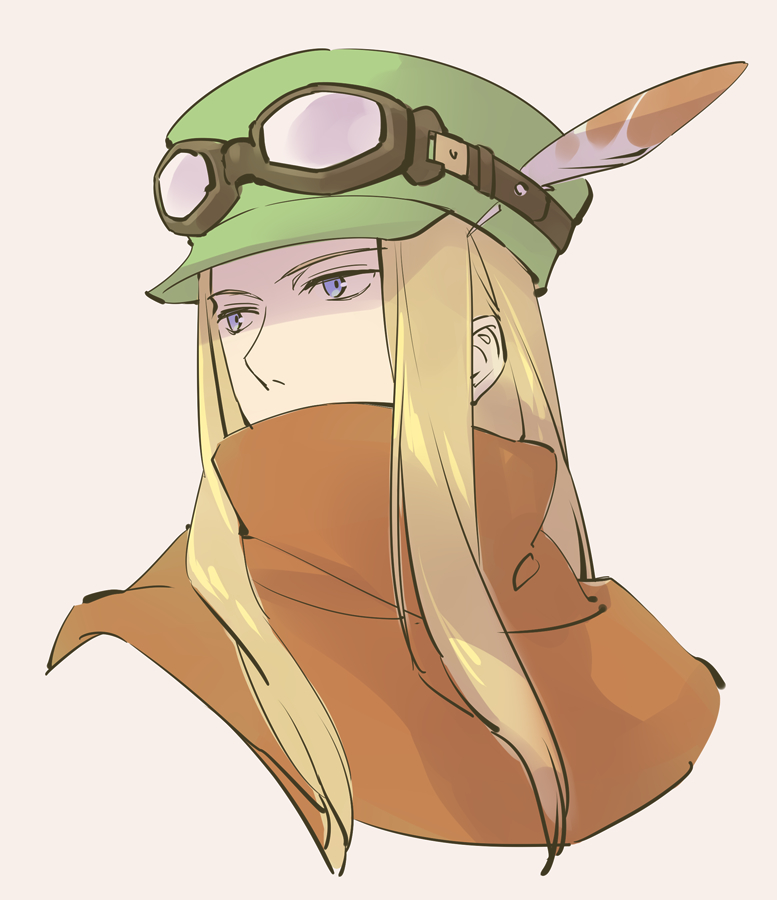 1boy, blonde_hair, blue_eyes, cropped_torso, goggles, goggles_on_headwear, green_hat, hat