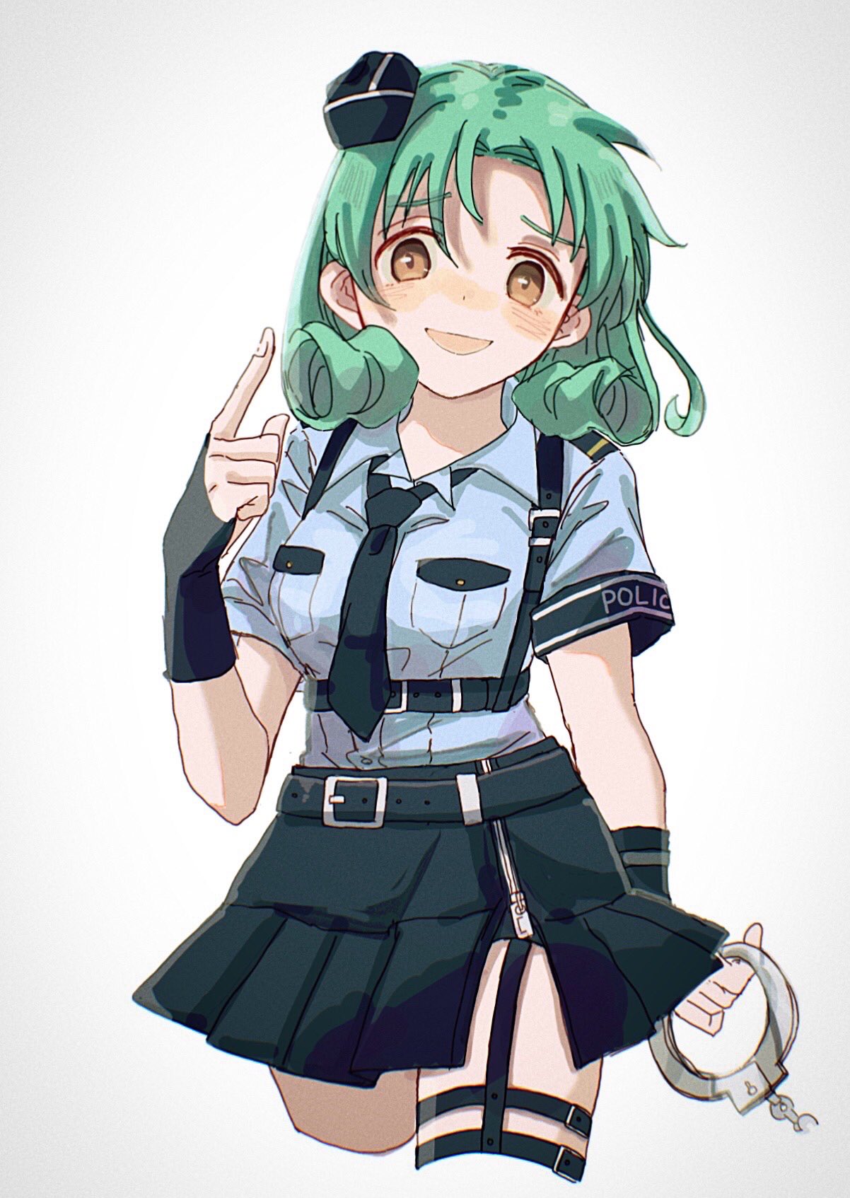 1girl, :d, belt, belt_buckle, black_belt, black_gloves, black_shorts, blue_hat, blue_necktie, blue_shirt, blue_skirt, blush, breast_pocket, breasts, brown_eyes, buckle, chest_harness, collared_shirt, concept_police_(idolmaster), cropped_legs, cuffs, curly_hair, dot_nose, fingerless_gloves, forehead, garrison_cap, garter_straps, gloves, green_hair, grey_background, handcuffs, harness, hat, highres, holding, holding_handcuffs, idolmaster, idolmaster_million_live!, idolmaster_million_live!_theater_days, looking_at_viewer, medium_breasts, medium_hair, mini_hat, momo_(mmym_3), necktie, nose_blush, open_mouth, parted_bangs, pleated_skirt, pocket, pointing, pointing_up, police, police_uniform, policewoman, shirt, short_shorts, short_sleeves, shorts, side_slit, simple_background, skirt, smile, solo, thigh_strap, tilted_headwear, uniform, zipper_pull_tab, zipper_skirt