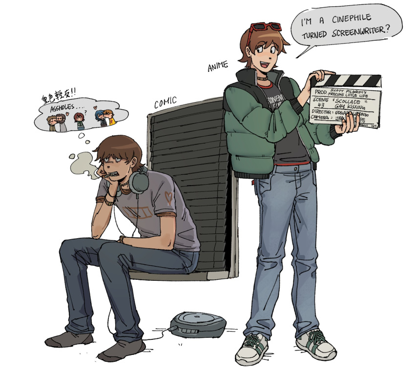 ?, beard, bilingual, brown_hair, chinese_text, cigarette, clapperboard, commentary